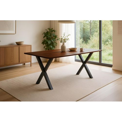 Esstisch 140 x 80 cm Akazie massiv kastanienfarben Schweizer Kante X-Gestell schwarz ROBERTO