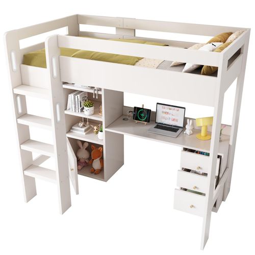Kinderbett Hochbett mit USB-C Schreibtisch, Kleiderschrank und Aktenschrank, Jugendbett Einzelbett mit Treppe und Lattenrost, Stauraum