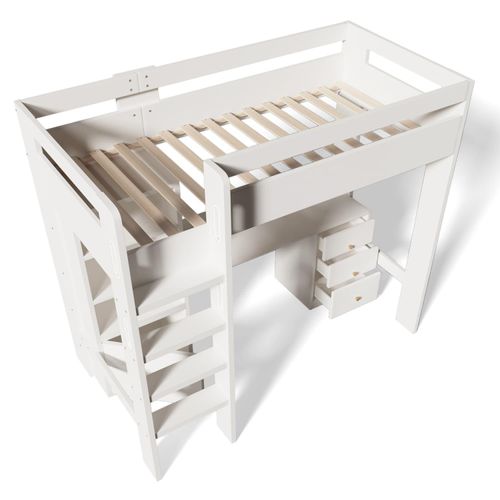 Kinderbett Hochbett mit USB-C Schreibtisch, Kleiderschrank und Aktenschrank, Jugendbett Einzelbett mit Treppe und Lattenrost, Stauraum