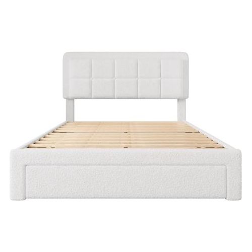 Jugendbett Weiss 160x200 cm Ohne Matratze LED USB Stimmungslicht Verstellbares Kopfteil Stauraumbett Teddy-Samtbezug Eisen Holz Rahmen Gaestebett