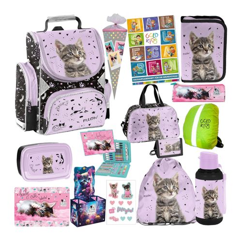Goldkids- Schulranzen für Jungen und Mädchen, 15er-Set - Schul-Rucksack für Kinder mit Federmäppchen - Schuhbeutel Trinkflasche und Brotdose - Katze