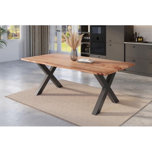 Esstisch Baumkante massiv Akazie natur 220 x 100 schwarz X-Gestell NICK