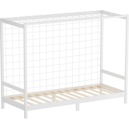 ML-Design Kinderbett Fußballtor 90x200 cm, Weiß, Einzelbett für Kinder, Holzbett mit Lattenrost & Tornetz, Jugendbett aus Kiefernholz, Handballtor