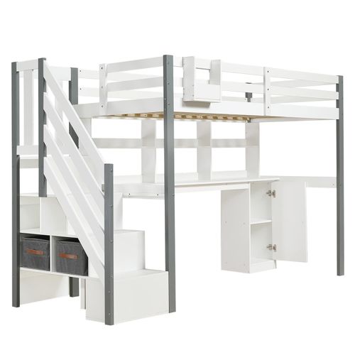 Halbhohes Bett, Mit Stoff-Aufbewahrungsbox, Reichlich Stauraum, Mit seitlicher Leiter, Offenes Regal, Jugendbett mit Schreibtisch und Schließfächern