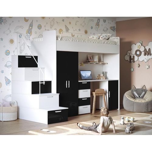Etagenbett FELIX 4S – Hochglanz oder Matt – Kinderbett, Hochbett, MIT Matratze und Lattenrost (Weiß + Schwarz, Glanz)