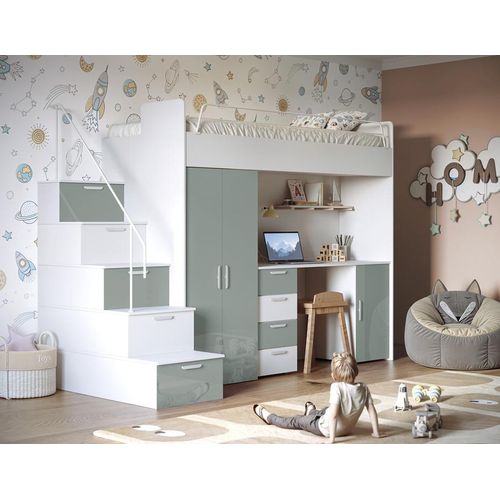Etagenbett FELIX 4S – Hochglanz oder Matt – Kinderbett, Hochbett, MIT Matratze und Lattenrost (Weiß + Minze, Glanz)