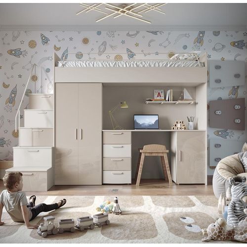 Etagenbett FELIX 4S, Hochglanz Kinderbett, Hochbett, OHNE Matratze und Lattenrost (Kaschmir + Beige, Glanz)