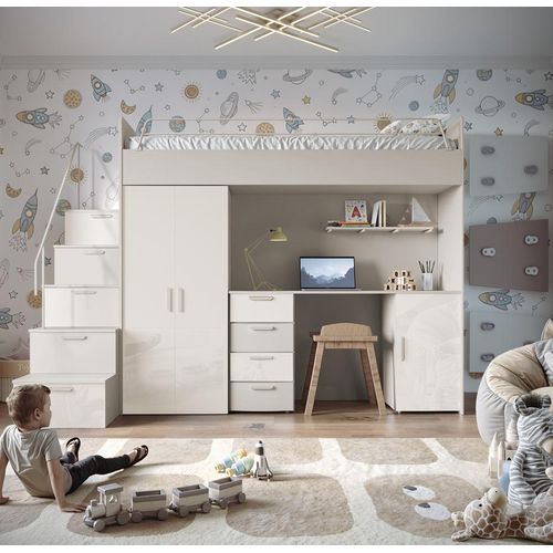 Etagenbett FELIX 4S, Hochglanz Kinderbett, Hochbett, OHNE Matratze und Lattenrost (Kaschmir + Weiß, Glanz)