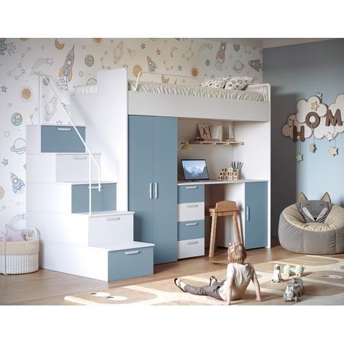 Etagenbett FELIX 4S, Hochglanz Kinderbett, Hochbett, OHNE Matratze und Lattenrost (Weiß + Blau Matt)