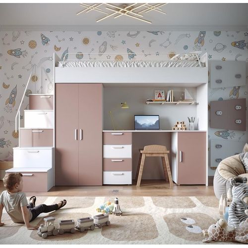 Etagenbett FELIX 4S, Hochglanz Kinderbett, Hochbett, OHNE Matratze und Lattenrost (Weiß + Antikrosa Matt)