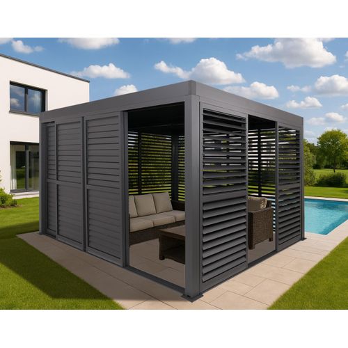 Alu Pergola HWC-L46, Pavillon Terrassenüberdachung, 7x Lamellenpaneel 7x Schiebetüren, 11cm-Gestell, 3x4m anthrazit