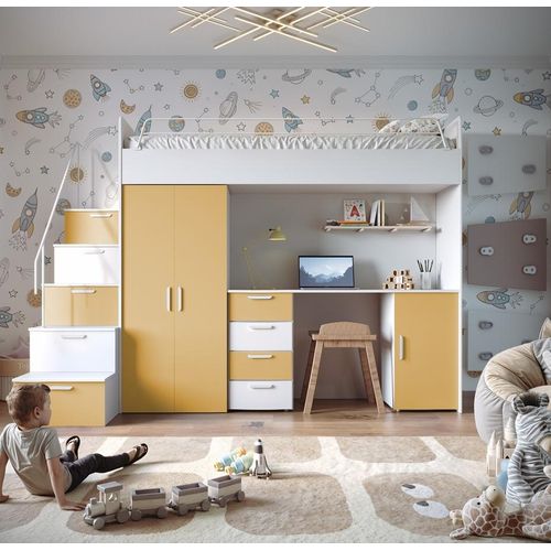 Etagenbett FELIX 4S, Hochglanz Kinderbett, Hochbett, OHNE Matratze und Lattenrost (Weiß + Gelb , Matt)