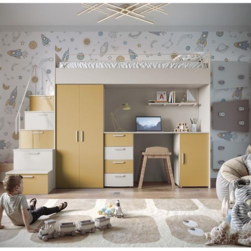 Etagenbett FELIX 4S, Hochglanz Kinderbett, Hochbett, OHNE Matratze und Lattenrost (Kaschmir + Gelb, Matt)