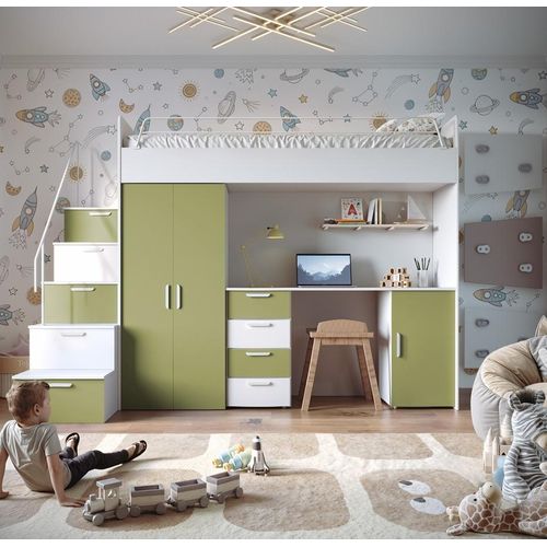 Etagenbett FELIX 4S, Hochglanz Kinderbett, Hochbett, OHNE Matratze und Lattenrost (Weiß + Olive , Matt)