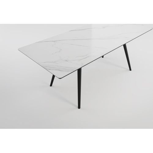 Esszimmertisch RIGA 200x90cm weiße Keramikplatte schwarze konische Tischbeine : Weiss
