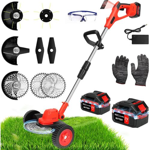 Akku Rasentrimmer mit 2x Akku & Zubehör | 850W Motorsense 21V | 240mm/250mm Klinge, Teleskopgriff, inkl. Heuwenderseil & Schutzbrille