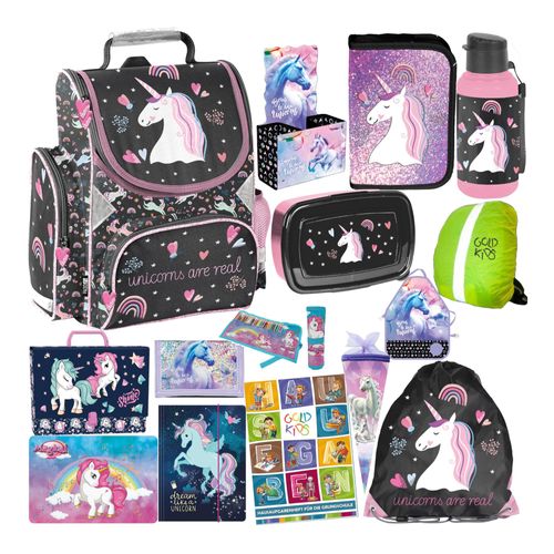 Goldkids Schulranzen für Jungen und Mädchen, 15er-Set - Schul-Rucksack für Kinder mit Federmäppchen - Schuhbeutel Trinkflasche und Brotdose - Einhorn