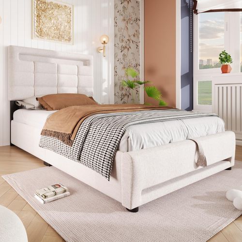 okwish Polsterbett90×200cmEinzelbettHolzbett aus LeinenMit USB-Buchse, Mit LED-Lichtohne Matratze, Beige
