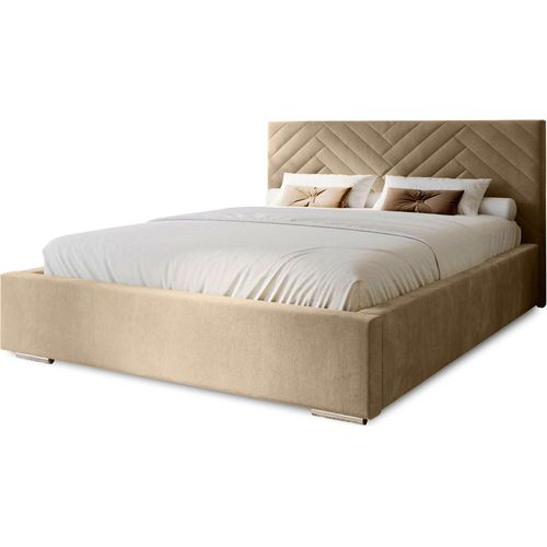 Polsterbett Aura 120x200 cm, Bett mit Kopfteil, Doppelbett mit Bettkasten und Lattenrost aus Holz, Velourstoff: Creme