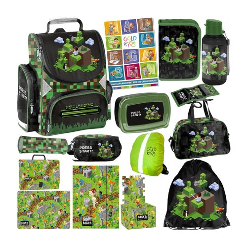 Goldkid - Schulranzen für Jungen und Mädchen, 15er-Set - Schul-Rucksack für Kinder mit Federmäppchen - Schuhbeutel Trinkflasche und Brotdose - Game