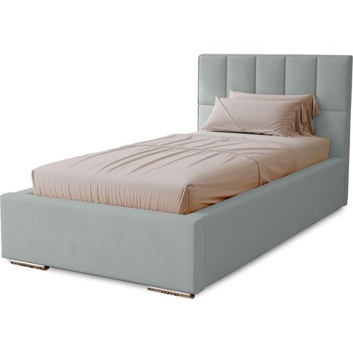 Polsterbett Dream 100x200 cm, Bett mit Kopfteil, Doppelbett mit Bettkasten und Lattenrost aus Holz, Velourstoff: Silbern
