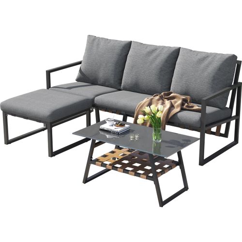 Gartenmöbel-Set, Eckgarnitur, Sofa + Couchtisch + Fußhocker, , Glastischplatte, geeignet für Gärten, Schwimmbäder und andere Außenbereiche,
