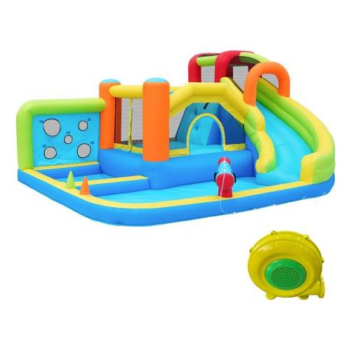 Huepfburg 410x315x203cm Wasserpark Trampolinpark Multifunktionaler Wasserrutsche Wurfpunktwand Basketballkorb Kletterwand Mit 450W Geblaese Spielspass