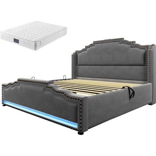 Doppelbett 140x200cm Ohne Matratze Grau Stauraumbett Mit Matratze Hydraulischer Stauraum LED-Beleuchtung USB-C-Ladeanschluss Polsterbett Samt