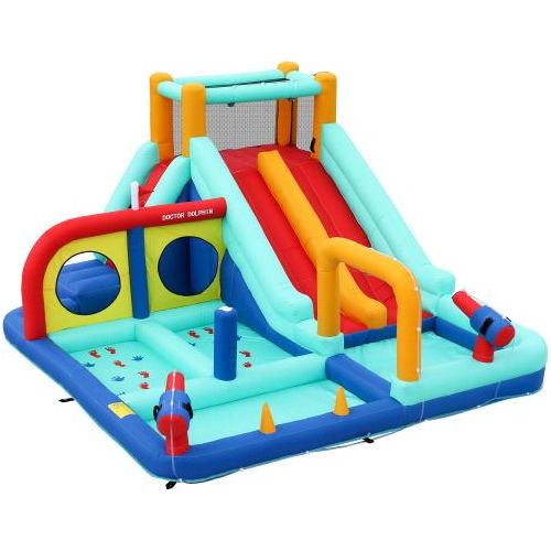 Kinder-Huepfburg 365 x 450 x 217 cm Multifuntionaler Outdoor-Wasserpark Doppelrutschen-Wasserrutsche Wasserpistole Springbrunnen Boxpfosten Geblaese Blau