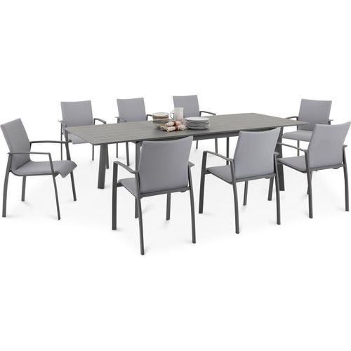 Gartenmöbel Set VERANO, anthrazit/hellgrau - mit 8 Stühlen und ausziehbarem Gartentisch, Aluminium und wetterfeste Textilene, stapelbar, strapazierfähig, Outdoor-Möbel, Balkonmöbel, Terrassenmöbel