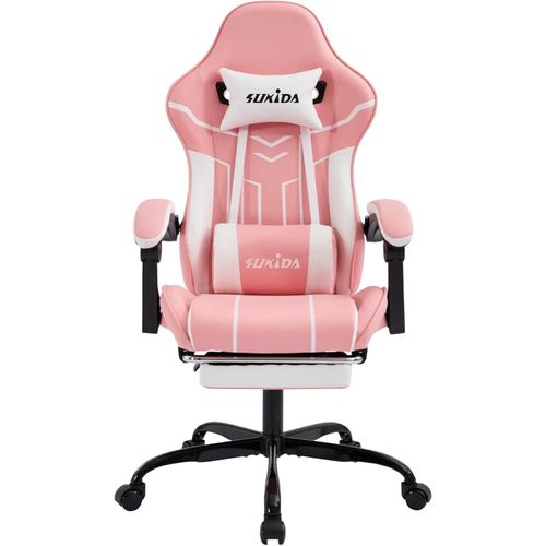 Gaming Stuhl Computerstuhl(Pinkwhite)Ergonomischer Gaming Chair mit Fußstütze Bürostuhl Ergonomischer Computerstuhl mit Lendenwirbelstütze