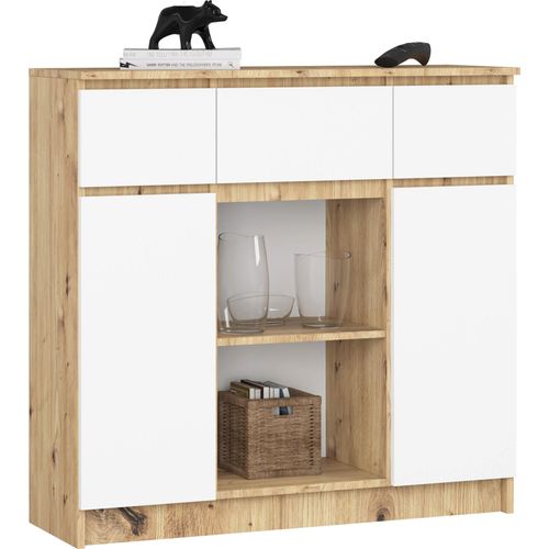 Kommode K100 Artisan Eiche 101 cm 2 Türen 3 Schubladen Front Weiß 6 Regalböden B101xH98xT35 cm