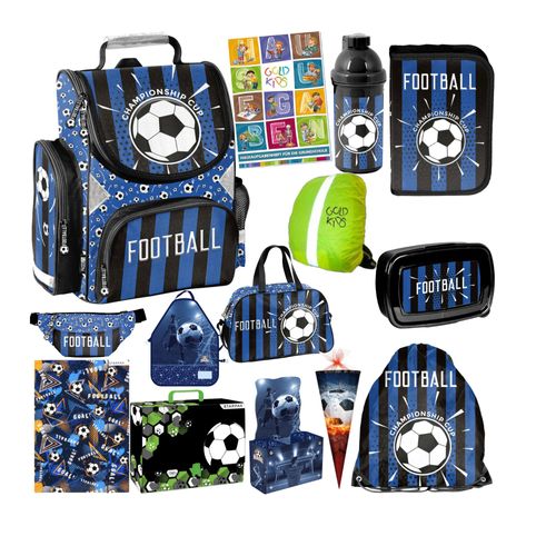 Goldkids- Schulranzen für Jungen und Mädchen 14er-Set - Schul-Rucksack für Kinder mit Federmäppchen - Schuhbeutel Trinkflasche und Brotdose - Fußball