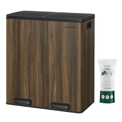 Mülleimer, 2 x 30 Liter, 2 Fächer, Mülltrennsystem, Treteimer, Abfalleimer Küche, 15 Müllsäcke, Metall, Inneneimer aus Kunststoff, Klappdeckel