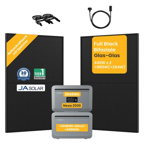 Balkonkraftwerk mit Speicher 4096Wh, Growatt NEXA 2000 Speicher mit 2048Wh Erweiterungsbatteriex1 und Jasolar 880W Full Black Bifaziale Solarmodule