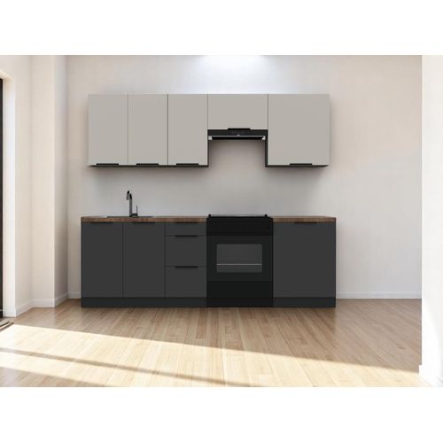 Küchenzeile 240 cm Küche Ohne E-Geräten Küchenblock Einbauküche Ohne Arbeitsplatte, SIENA/ARONA K85-M240 – Schwarz/Kaschmir
