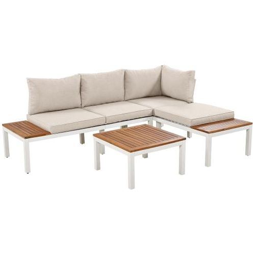 Gartenlounge Set Ohne Auflagen Loungesessel Set 2xZweisitzer 2xBeistelltische 1xTisch Beige Akazienholzplatte Verzinkter Rueckenlehne Mit Stoffbezug