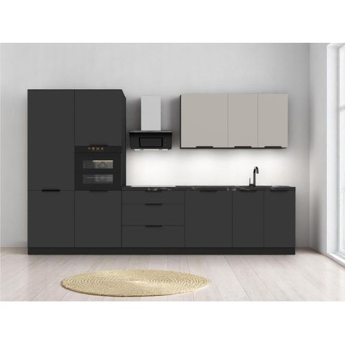 Küchenzeile 340 cm Einbauküche Ohne Arbeitsplatte Küchenmöbel Ohne E-Geräten Küchenblock Küche, SIENA/ARONA K86-M340 – Schwarz/Kaschmir