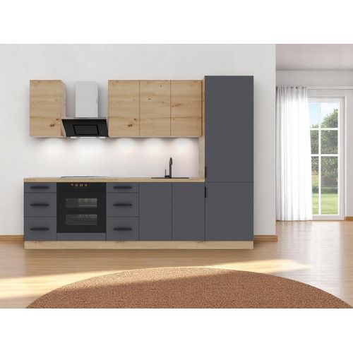 Küchenzeile 280 cm Küchenblock Küche Einbauküche Ohne Arbeitsplatte Küchenmöbel Ohne E-Geräten, Langen K98-M280 – Grau/Artisan Eiche