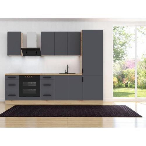 Küchenzeile 280 cm Küchenblock Küche Einbauküche Ohne Arbeitsplatte Küchenmöbel Ohne E-Geräten, Langen K98-M280 – Grau/Matt