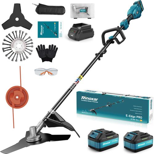Bürstenloser Akku Rasentrimmer mit 2x 5200mAh Akkus & Ladegerät, Teleskopstiel, Zusatzgriff & 3 Klingentypen