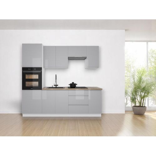 Küchenzeile 240 cm Küchenblock Einbauküche Ohne Arbeitsplatte Küche Küchenmöbel Ohne E-Geräten, Aspen K101-M240 – Grau/Hochglanz