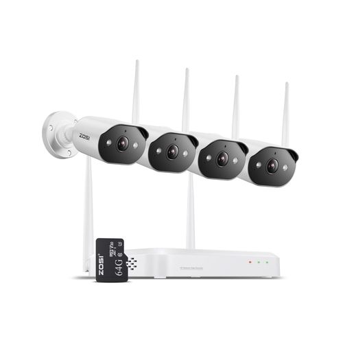 ZOSI 2K 3MP WiFi 6 Überwachungskamera Set Aussen, 8CH NVR mit 4 WLAN IP Kameras, 64GB SD-Karte, 2-Wege-Audio, Personen- und Fahrzeugerkennung für Haus