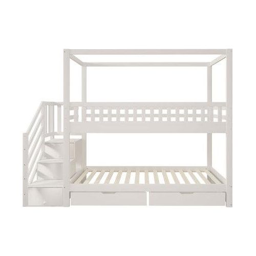 Etagenbett 90x200cm Weiss Ohne Matratze Kinderbett Massivholz Mit Staufach Und Sicherheitsleiter Hausbett Doppelbett Gelaender Fuer Jungen Maedchen
