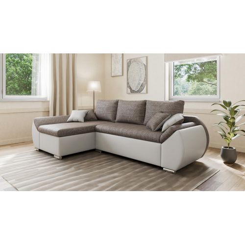 Ecksofa Alex mit Schlaffunktion und Bettkasten – moderne Kombination aus Strukturstoff und Kunstleder, stilvoll & bequem - Links, mit Hocker - Braun + Weiß (Lawa 02 + Soft 17)