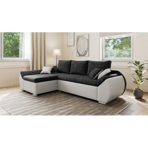 Ecksofa Alex ohne Schlaffunktion und Bettkasten – moderne Kombination aus Strukturstoff und Kunstleder, stilvoll & bequem - Links, Schwarz + Weiß (Lawa 06 + Soft 17)