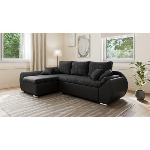 Ecksofa Alex ohne Schlaffunktion und Bettkasten – moderne Kombination aus Strukturstoff und Kunstleder, stilvoll & bequem - Links, Schwarz (Lawa 06 + Soft 11)