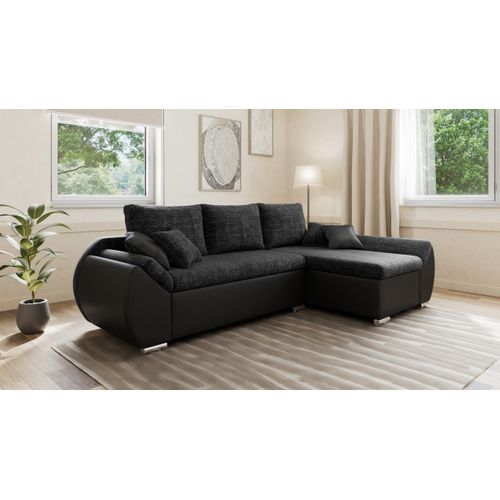 Ecksofa Alex mit Schlaffunktion und Bettkasten – moderne Kombination aus Strukturstoff und Kunstleder, stilvoll & bequem - Rechts, mit Hocker - Schwarz (Lawa 06 + Soft 11)
