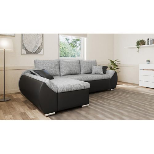 Ecksofa Alex ohne Schlaffunktion und Bettkasten – moderne Kombination aus Strukturstoff und Kunstleder, stilvoll & bequem - Links, Grau + Schwarz (Lawa 05 + Soft 11)