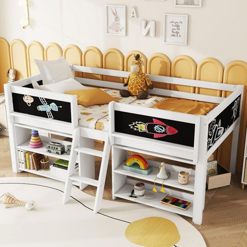 STILVORA Kinderbett 90x200 mit Matratze Holzbett Jugendbett Einzelbett mit mehreren Lagerregalen,Geländer und Leiter,Halbhohes Bett mit Rausfallschutz,Weiß